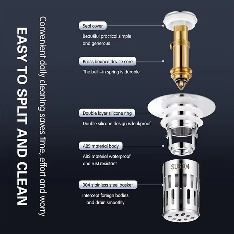 Universal Stainless Steel Drain Strainer Multi Purpose Push to Bounce Core Sink Drain Kitchen Bathroom Sink Universal Drain Kit