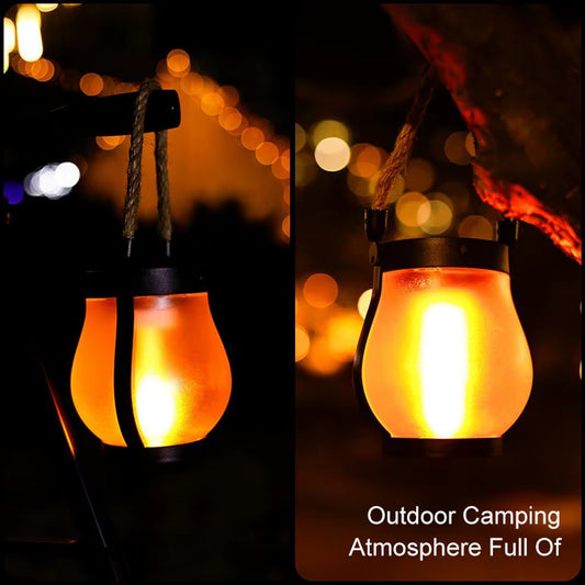 Camping Lamp Solar Flame Lights Garden Lantern Flickering LED Light Decorative Yard Decor with Rope Rechargeable Camping Lamp