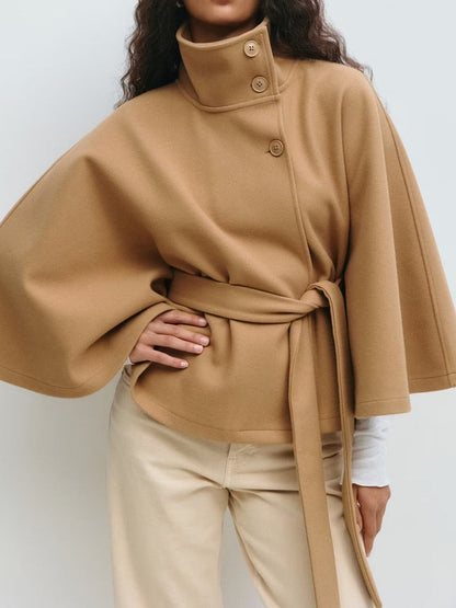 Standing collar buttoned belt coat