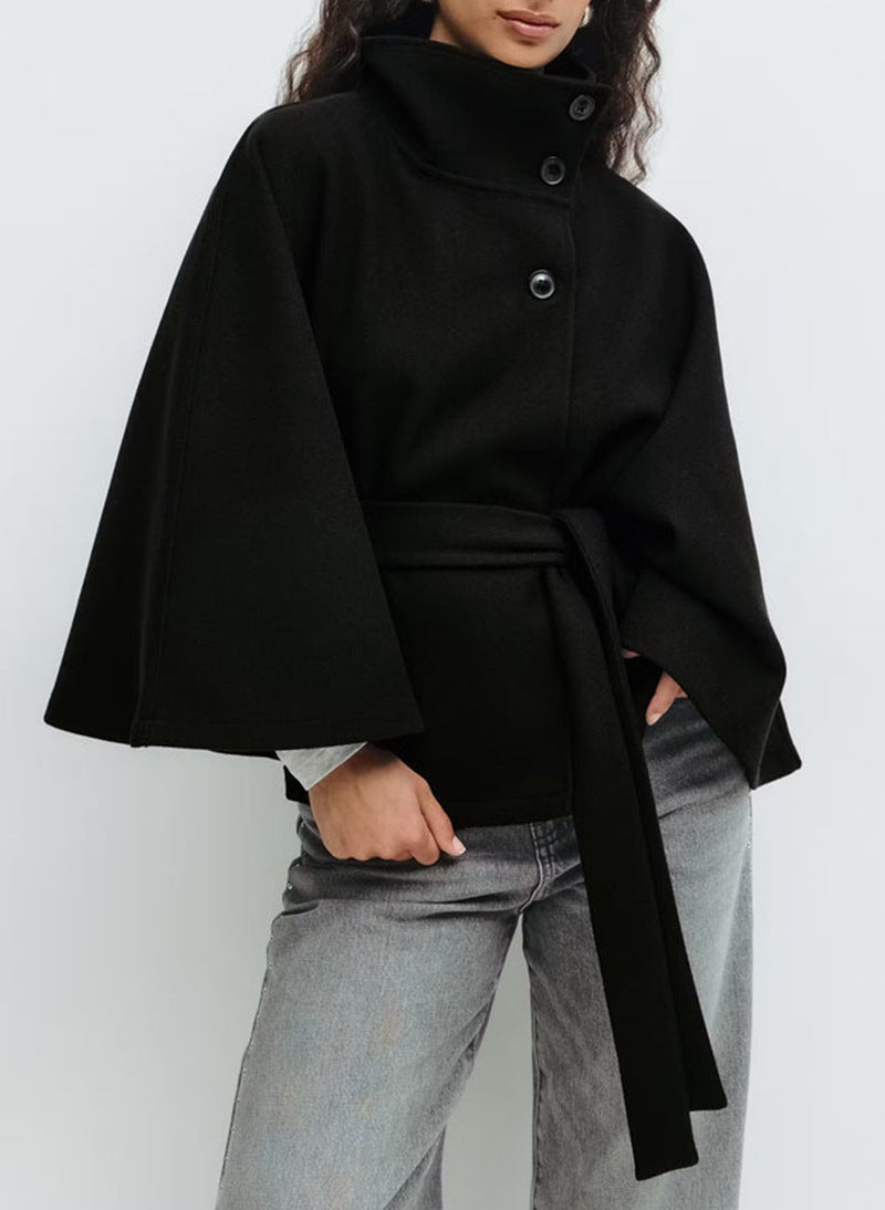 Standing collar buttoned belt coat