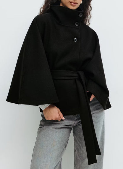 Standing collar buttoned belt coat
