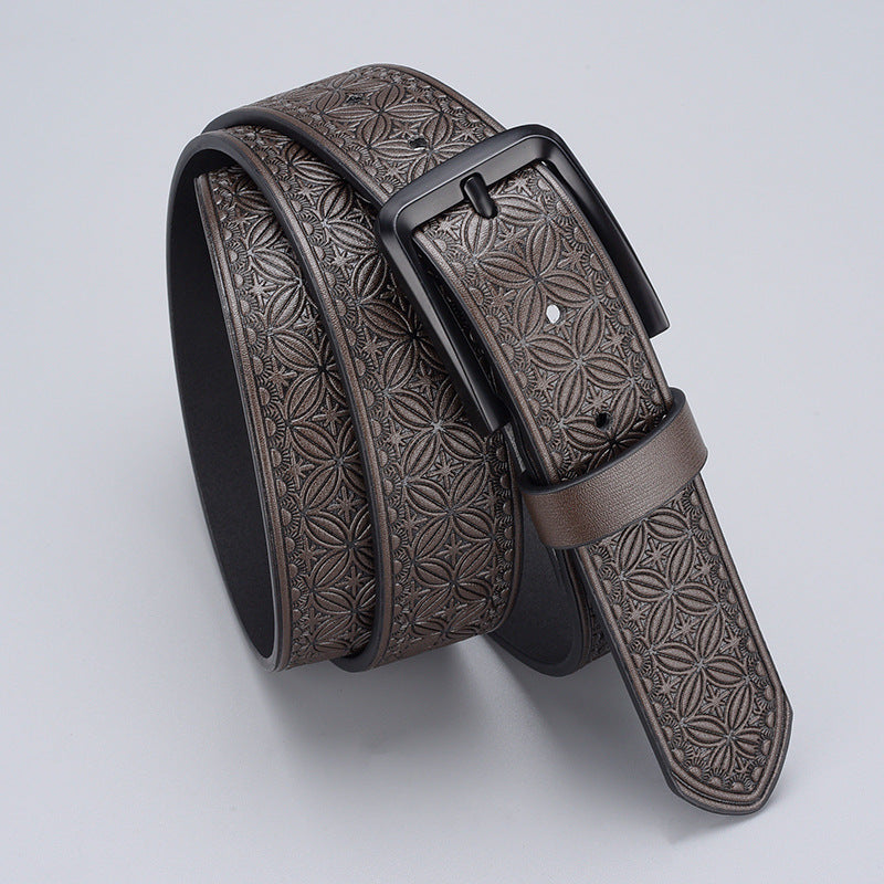 Mens Embossed Pin Buckle Leather Belt