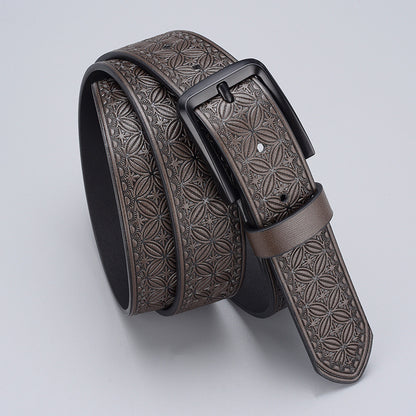 Mens Embossed Pin Buckle Leather Belt