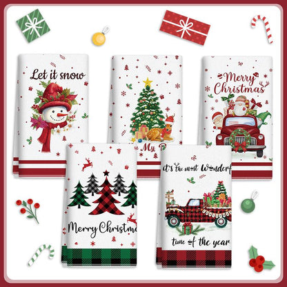 5Pcs Christmas Kitchen Towel Dish Towels and Dishcloths Merry Christmas Tree Reindeer Truck Santa Claus Cartoon Design 15 X 23 Inch Holiday Home Indoor Bathroom Party Noel Decorations Hand Towels Gift Supplies