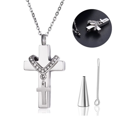 Unisex Stainless Steel Cremation Double Cross Pendant Necklace for Ashes Memorial Keepsake Jewelry Gift Dropshipping