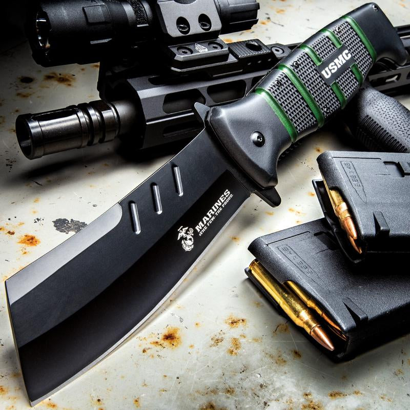 "USMC Cleaver Maximum Pocket Knife 5 1/2"" Blade 12"" Overall TPR Handle with Deep Grooves Pocket Clip and Glass Breaker"
