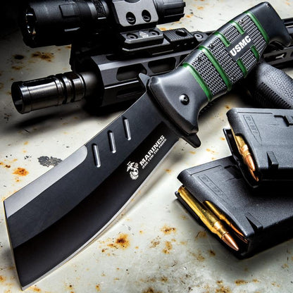 "USMC Cleaver Maximum Pocket Knife 5 1/2"" Blade 12"" Overall TPR Handle with Deep Grooves Pocket Clip and Glass Breaker"