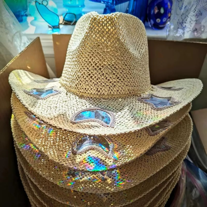 Suncatcher Cowgirl Straw Prism Hat Hand-Woven Wide Shapeable Brim Rainbow Prism Hat Sun Beach Western Cowboy Hat for Women