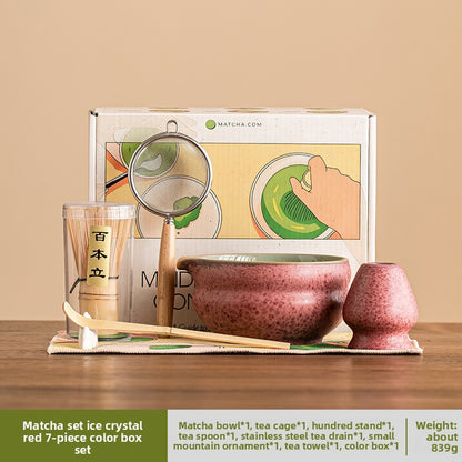 Japanese Ceramic Matcha Bowl Set with Crystalline Glaze