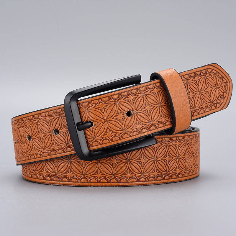 Mens Embossed Pin Buckle Leather Belt