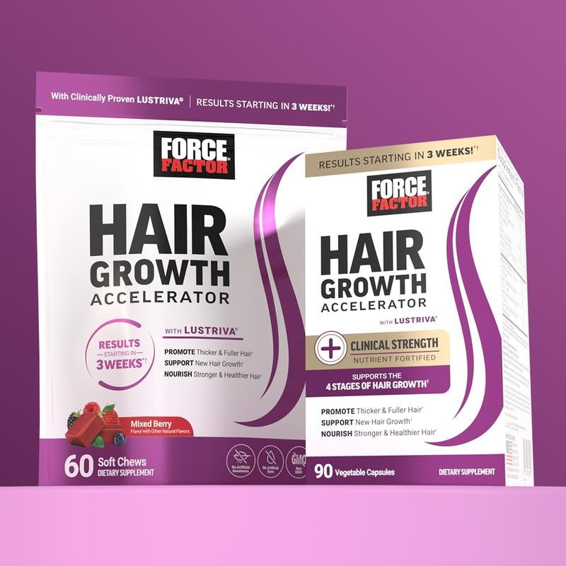 Force Factor Hair Growth Accelerator with Clinically Proven Lustriva to Promote Thicker, Stronger Hair, Biotin, Vitamin E & C, Mixed Berry, 60 Silicon