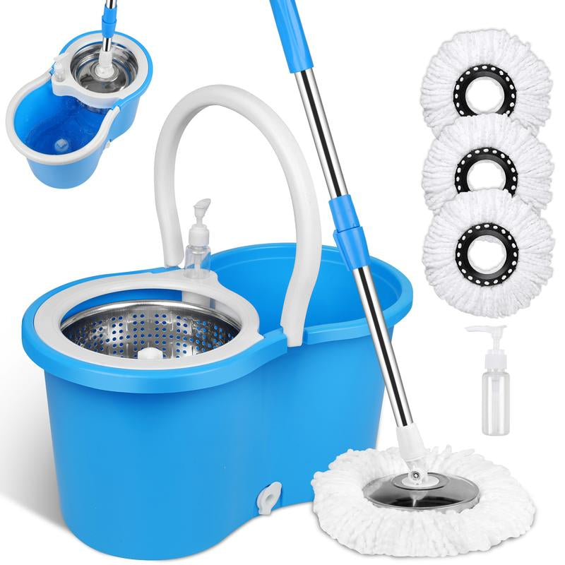 Spin Mop and Bucket Set with 360° Spinning Mop Bucket System, 3 Microfiber Mop Replacement Heads, 61" Stainless Steel Adjustable Handle Black