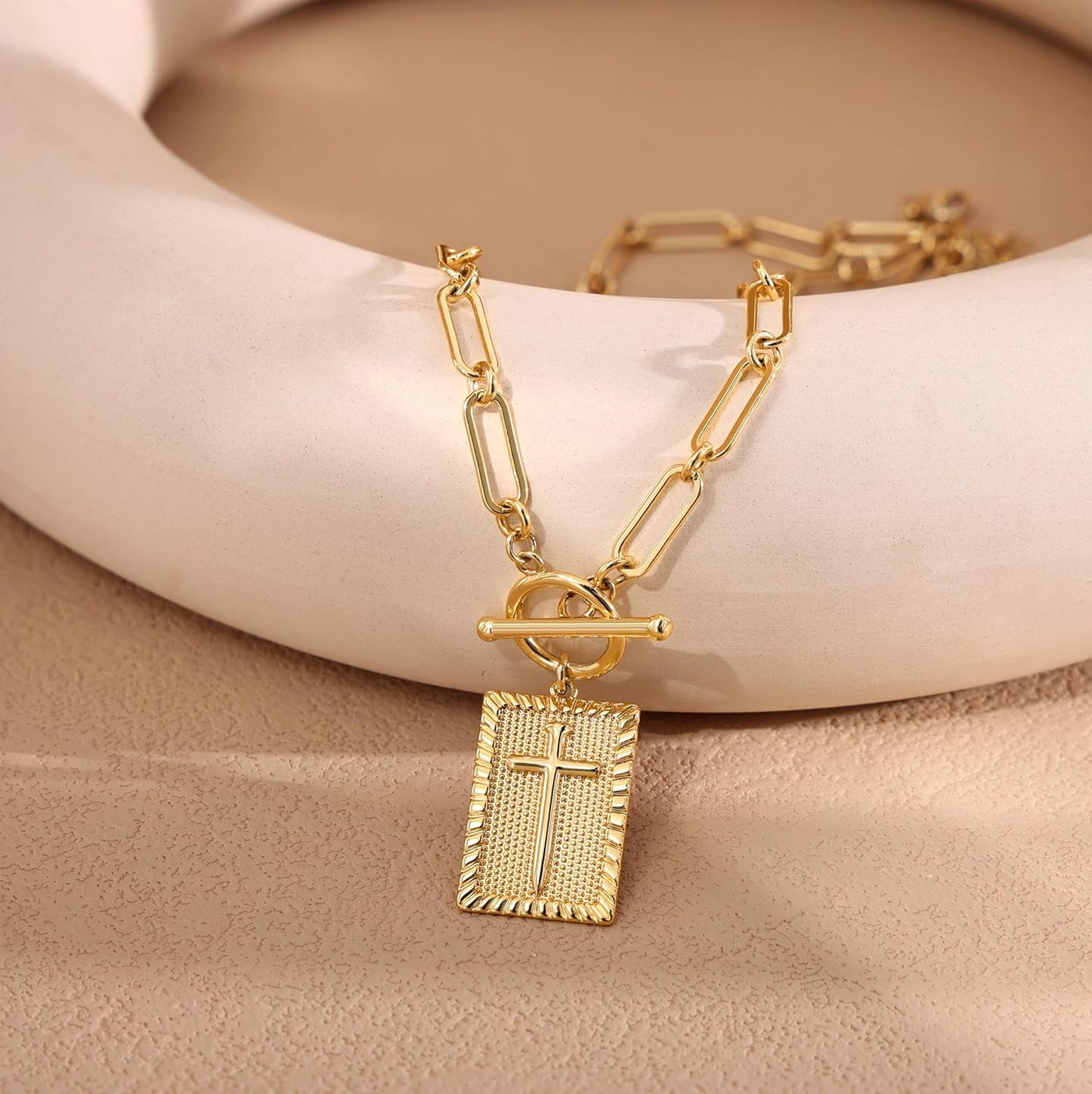 Gold and Silver Cross Pendant Necklace for Women, Toggle Clasp Rectangle Cross Charm Necklace, Dainty Paperclip Chain Religious Jewelry Gift for Christian Faith, Baptism, First Communion