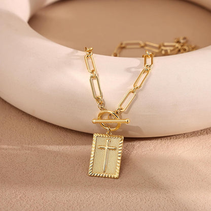 Gold and Silver Cross Pendant Necklace for Women, Toggle Clasp Rectangle Cross Charm Necklace, Dainty Paperclip Chain Religious Jewelry Gift for Christian Faith, Baptism, First Communion