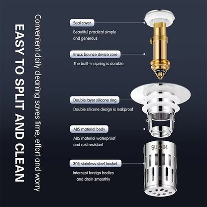 Universal Stainless Steel Drain Strainer Multi Purpose Push to Bounce Core Sink Drain Kitchen Bathroom Sink Universal Drain Kit