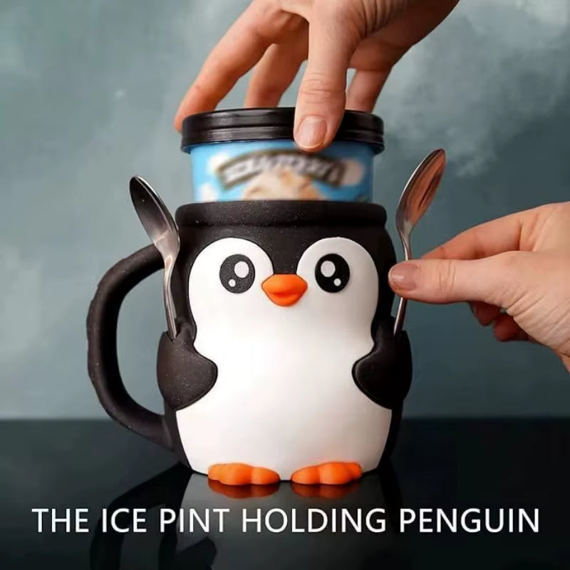 2025 New Cute Penguin Ice Cream Pint Holder, 3D Printing Pebbles the Penguin Ice Cream Pint Containers with Antifreeze Handle