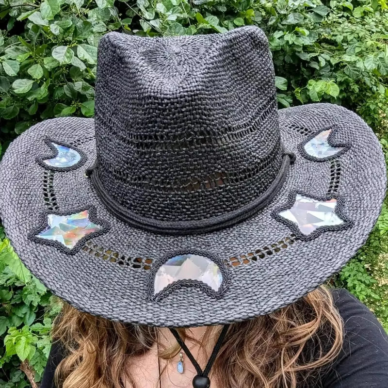 Suncatcher Cowgirl Straw Prism Hat Hand-Woven Wide Shapeable Brim Rainbow Prism Hat Sun Beach Western Cowboy Hat for Women