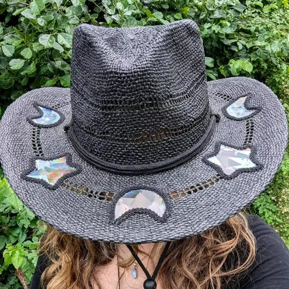 Suncatcher Cowgirl Straw Prism Hat Hand-Woven Wide Shapeable Brim Rainbow Prism Hat Sun Beach Western Cowboy Hat for Women