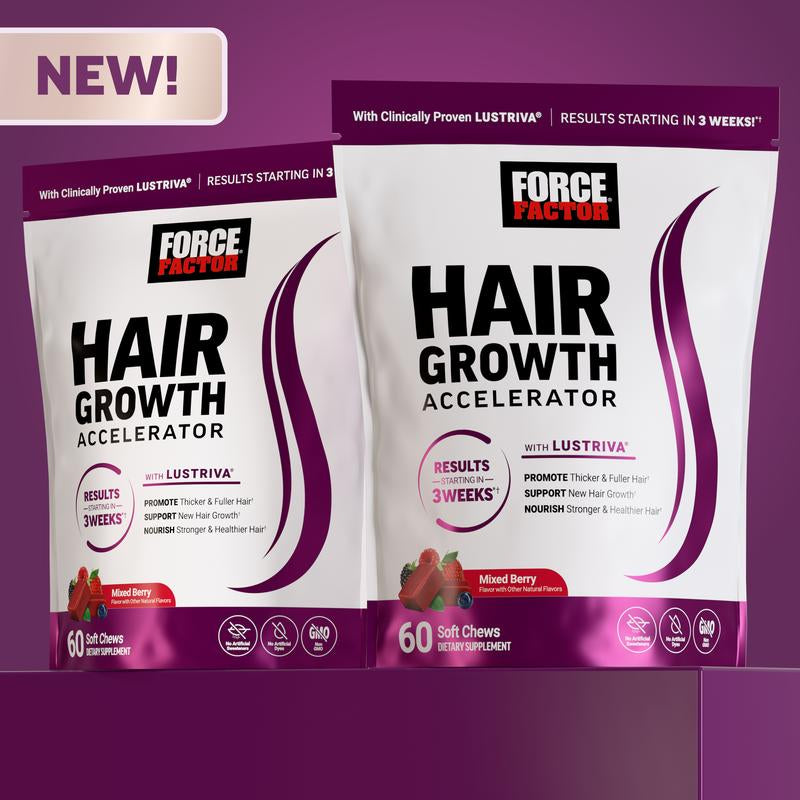 Force Factor Hair Growth Accelerator with Clinically Proven Lustriva to Promote Thicker, Stronger Hair, Biotin, Vitamin E & C, Mixed Berry, 60 Silicon