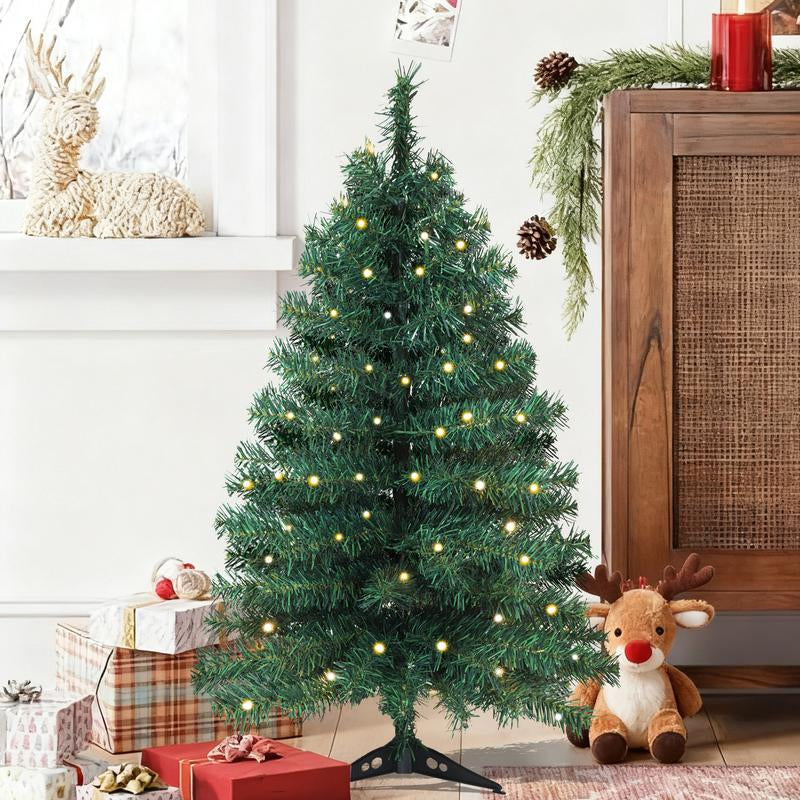 Okicoler 3 Ft Pre-Lit Christmas Tree, Artificial Christmas Trees with Lighting, Xmas Trees with 25 Led Lights, 100 Branch Christmas Decoration for Home, Office, Easy Assembly Ornaments