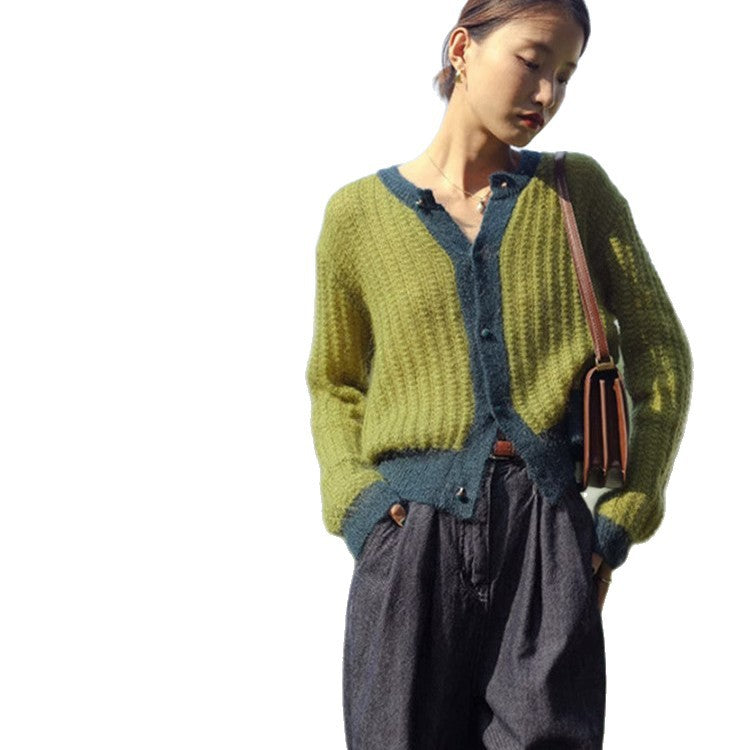 Color Block Mohair Knit Cardigan