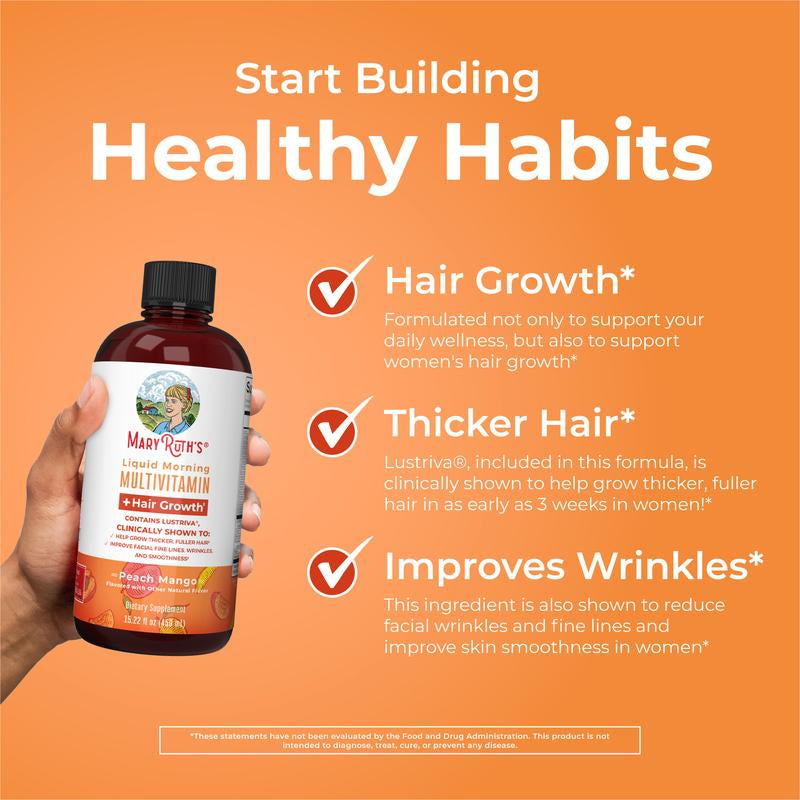 Maryruth'S Liquid Multivitamin + Hair Growth - Clinically Tested Lustriva for Thicker Hair in Women - Improve Facial Wrinkles - Vegan - 15.22 Fl Oz