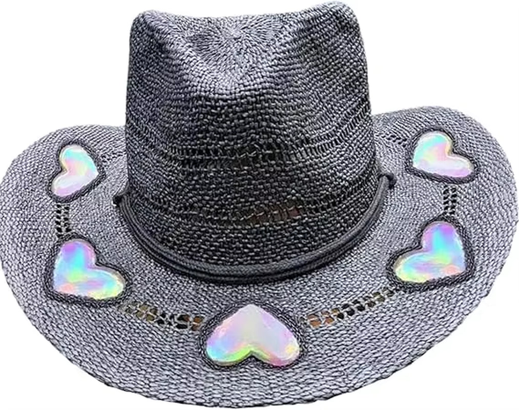 Suncatcher Cowgirl Straw Prism Hat Hand-Woven Wide Shapeable Brim Rainbow Prism Hat Sun Beach Western Cowboy Hat for Women