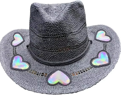Suncatcher Cowgirl Straw Prism Hat Hand-Woven Wide Shapeable Brim Rainbow Prism Hat Sun Beach Western Cowboy Hat for Women