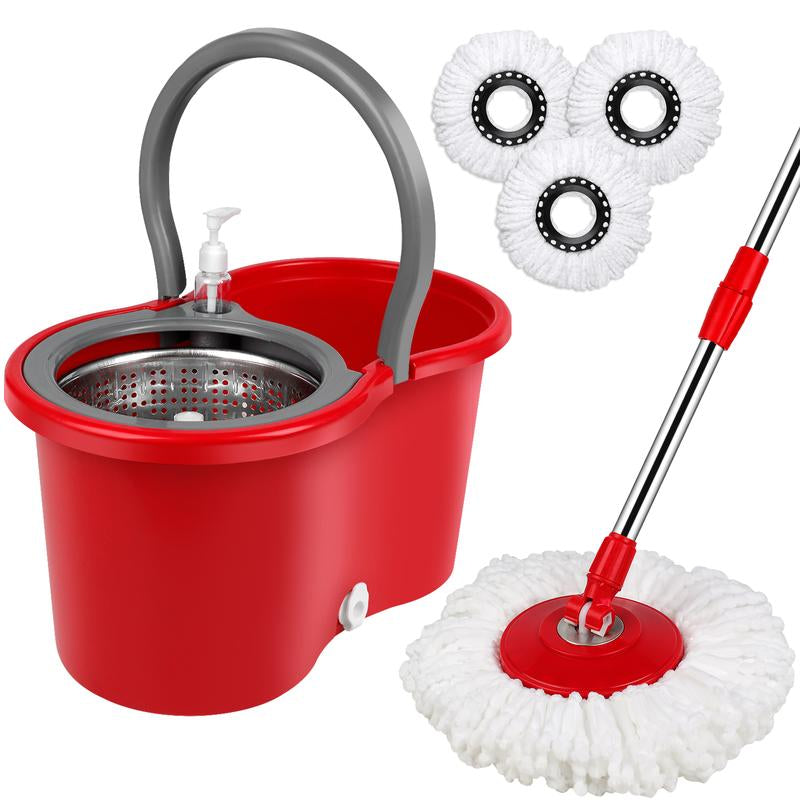 Spin Mop and Bucket Set with 360° Spinning Mop Bucket System, 3 Microfiber Mop Replacement Heads, 61" Stainless Steel Adjustable Handle Black