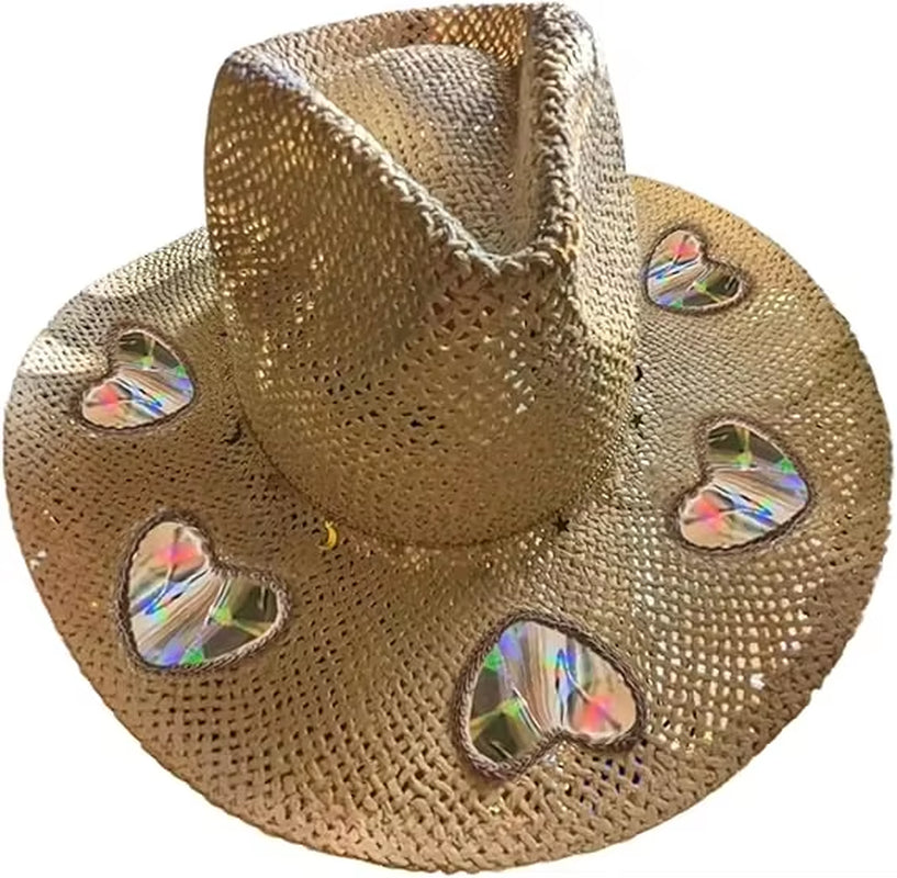 Suncatcher Cowgirl Straw Prism Hat Hand-Woven Wide Shapeable Brim Rainbow Prism Hat Sun Beach Western Cowboy Hat for Women