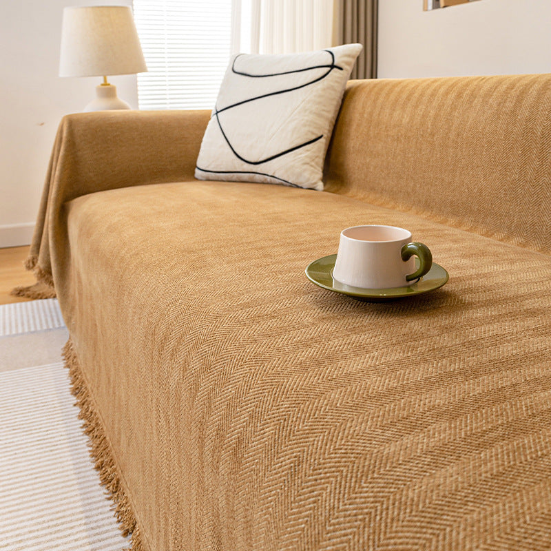 Ins Style Chenille Sofa Towel Herringbone Pattern Pure Color Sofa Cushion Skin-Friendly Anti-Wrinkle Multi-Purpose Machine Washable Sofa Cover Cloth
