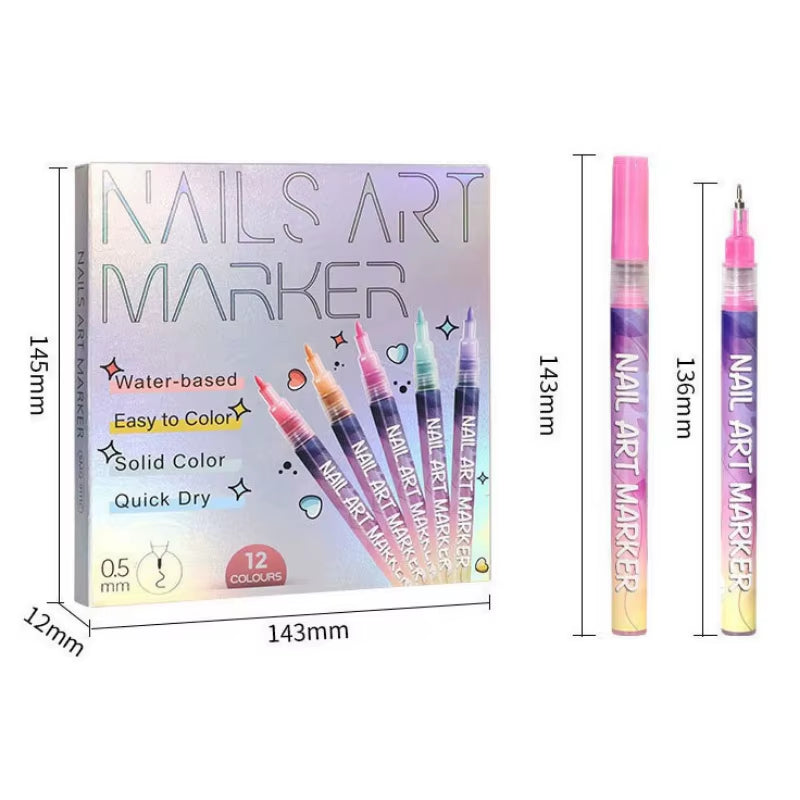 Box of 12Pcs Nail Art Drawing Graffiti Pen Gel Pencil 0.5Mm Waterproof Painting Liner Brush Quick-Dry Nail Marker DIY Manicure