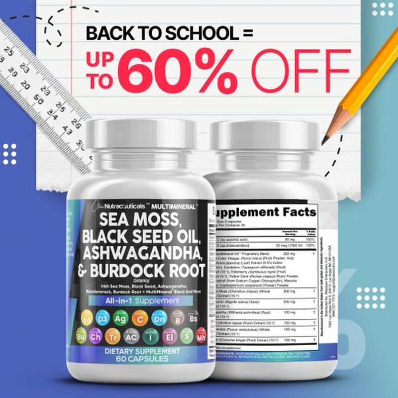 Multimineral Sea Moss Black Seed Oil Ashwagandha Turmeric Bladderwrack Burdock Vitamin C Vitamin D3 with Elderberry Manuka Dietary Supplement Pills