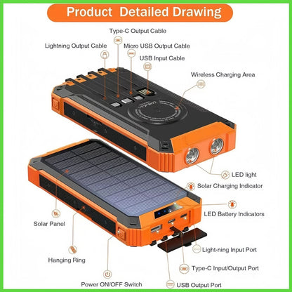 Wireless Charging Solar Power Bank 20000mAh with Dual LED Lights