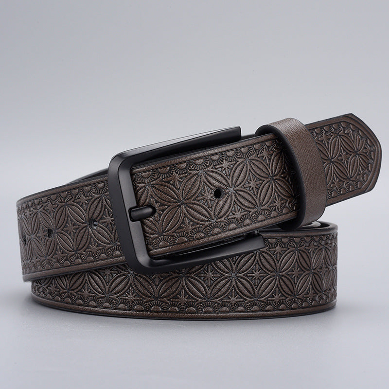 Mens Embossed Pin Buckle Leather Belt