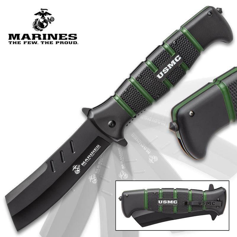 "USMC Cleaver Maximum Pocket Knife 5 1/2"" Blade 12"" Overall TPR Handle with Deep Grooves Pocket Clip and Glass Breaker"