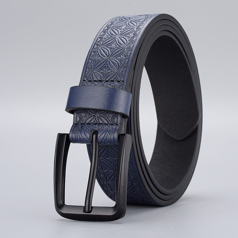 Mens Embossed Pin Buckle Leather Belt