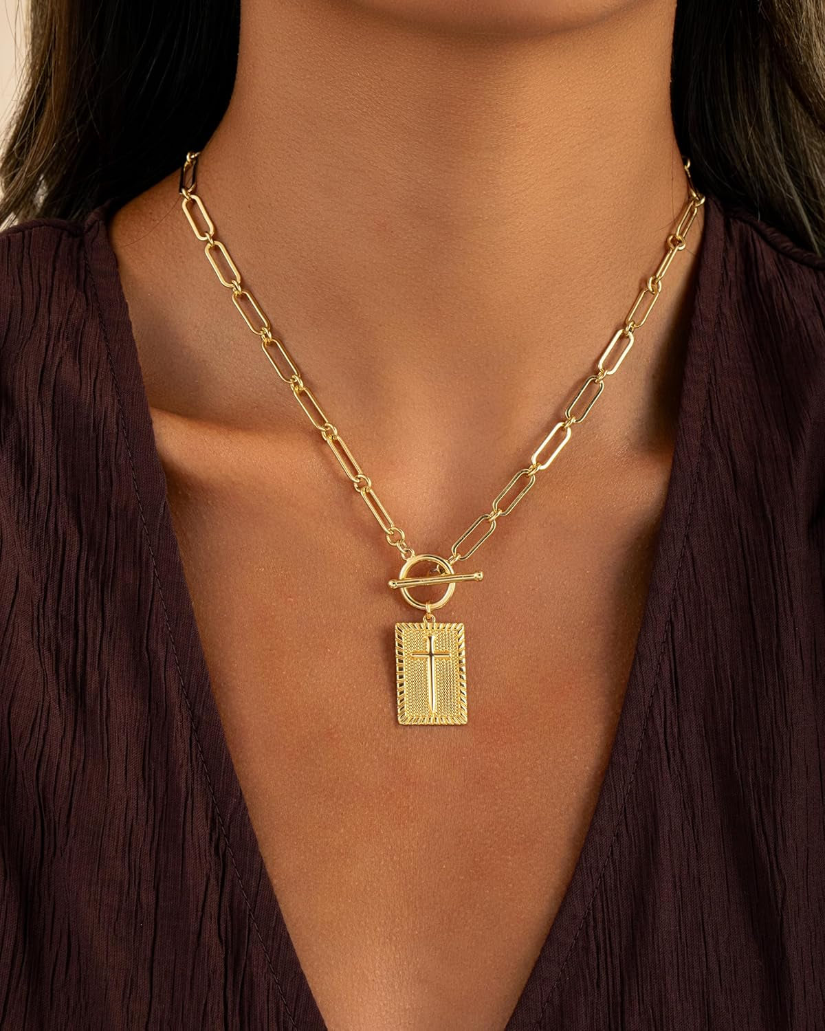 Gold and Silver Cross Pendant Necklace for Women, Toggle Clasp Rectangle Cross Charm Necklace, Dainty Paperclip Chain Religious Jewelry Gift for Christian Faith, Baptism, First Communion
