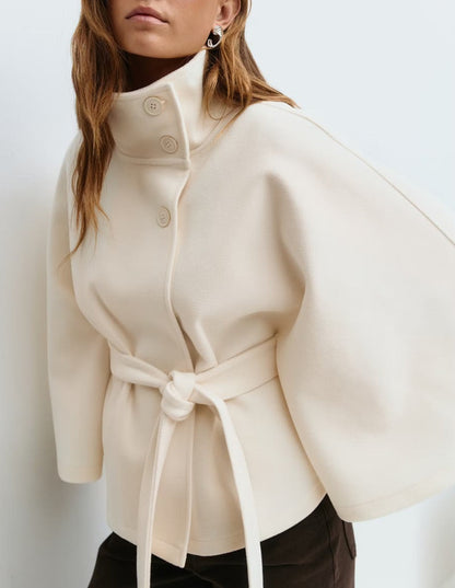 Standing collar buttoned belt coat