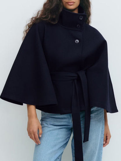 Standing collar buttoned belt coat