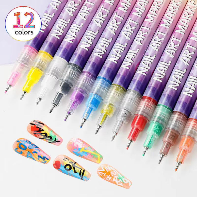 Box of 12Pcs Nail Art Drawing Graffiti Pen Gel Pencil 0.5Mm Waterproof Painting Liner Brush Quick-Dry Nail Marker DIY Manicure