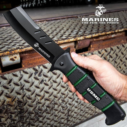 "USMC Cleaver Maximum Pocket Knife 5 1/2"" Blade 12"" Overall TPR Handle with Deep Grooves Pocket Clip and Glass Breaker"