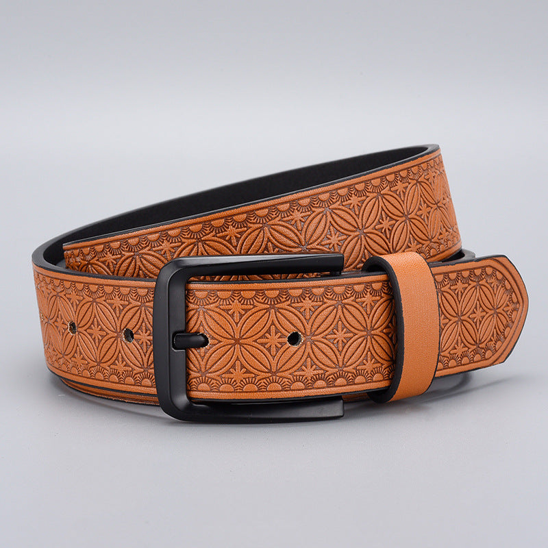 Mens Embossed Pin Buckle Leather Belt
