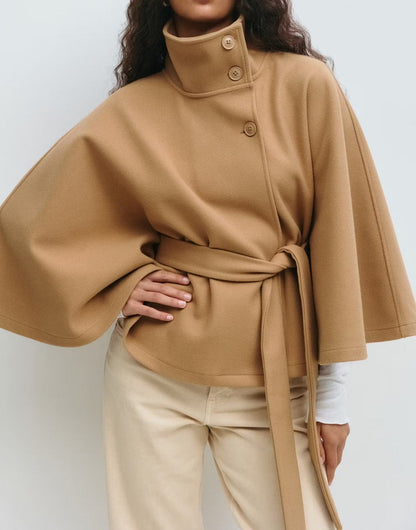 Standing collar buttoned belt coat