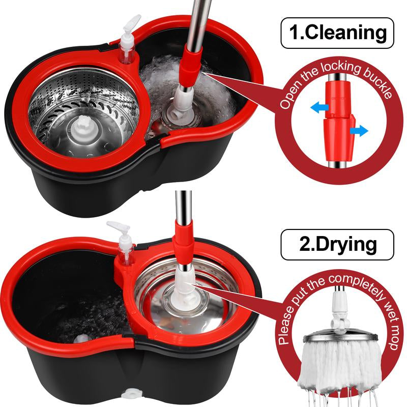 Spin Mop and Bucket Set with 360° Spinning Mop Bucket System, 3 Microfiber Mop Replacement Heads, 61" Stainless Steel Adjustable Handle Black