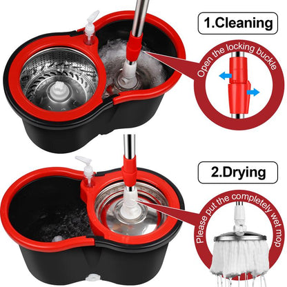 Spin Mop and Bucket Set with 360° Spinning Mop Bucket System, 3 Microfiber Mop Replacement Heads, 61" Stainless Steel Adjustable Handle Black