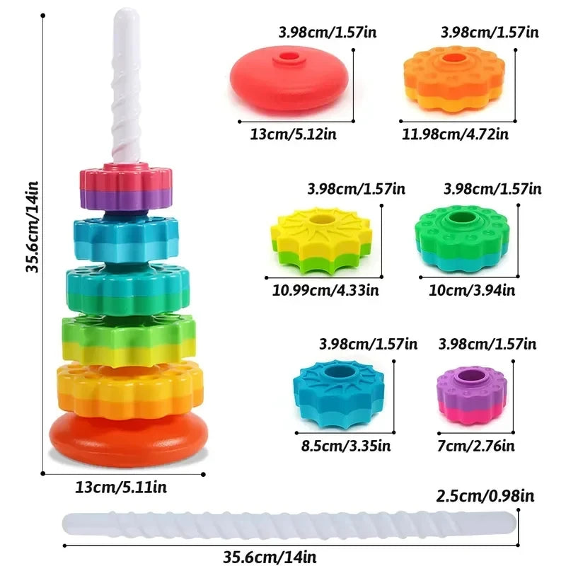 Children'S Tesori Stacked Rainbow Tower Colorful Rotating Gear Ring Large Size Building Blocks Puzzle Educational Toys 1-3 Years