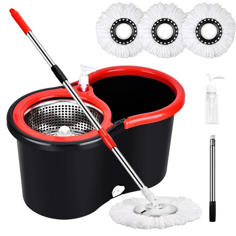 Spin Mop and Bucket Set with 360° Spinning Mop Bucket System, 3 Microfiber Mop Replacement Heads, 61" Stainless Steel Adjustable Handle Black
