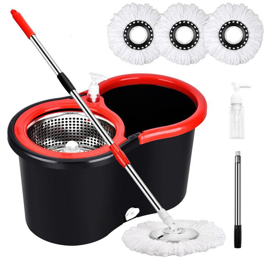 Spin Mop and Bucket Set with 360° Spinning Mop Bucket System, 3 Microfiber Mop Replacement Heads, 61" Stainless Steel Adjustable Handle Black
