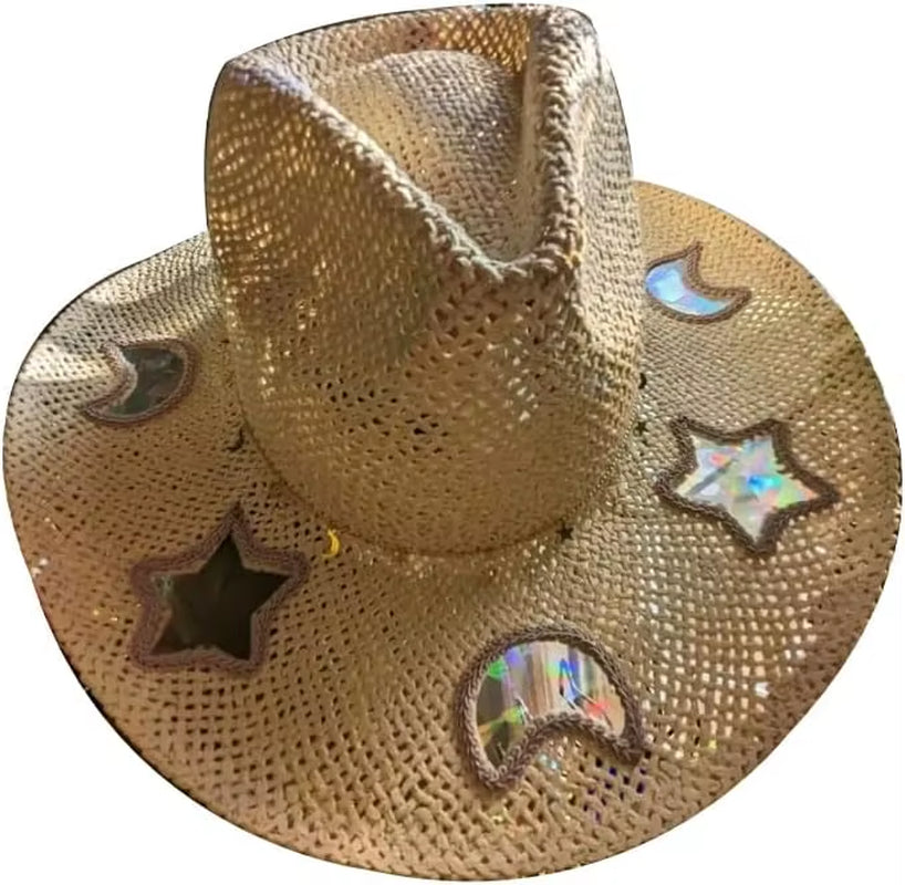 Suncatcher Cowgirl Straw Prism Hat Hand-Woven Wide Shapeable Brim Rainbow Prism Hat Sun Beach Western Cowboy Hat for Women